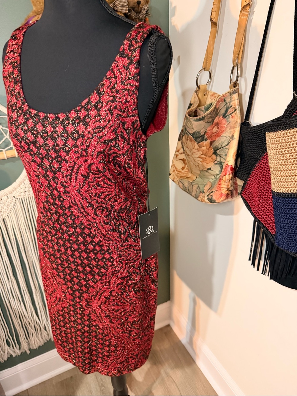 Rock & Republic Metallic Bodycon Dress NWT Red Black Glitter Cocktail Size L - Picture 5 of 5